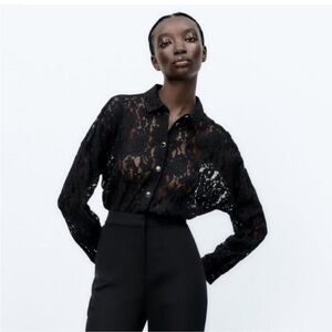 Zara Black Lace Button-Down Shirt - Women's Elegant Top